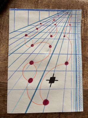Lines of depth, far to close, on a grid of blue, with red circles and lines connecting around a single black box-like switch.