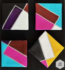 Four small canvases depicting geometric patterns in abstract to cake, with colors from multiple gender & identity flags.