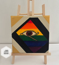 Background stripes of pride-flag colors, with gold rectangular borders and the center is an eye with Lambda outline. The eye's colors are intersex and transgender colored vessels.