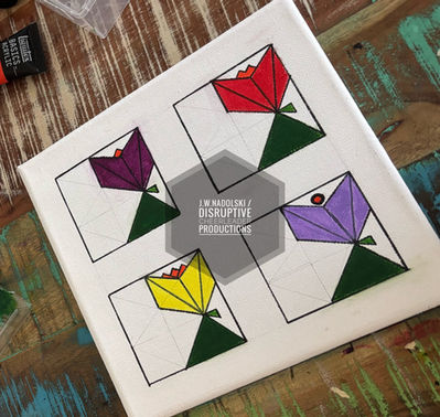 A four-framed canvas of mixed media that shows geometrically presented flowers, all four almost in completely identical bodies and blooms, with changes in stamen or petals.