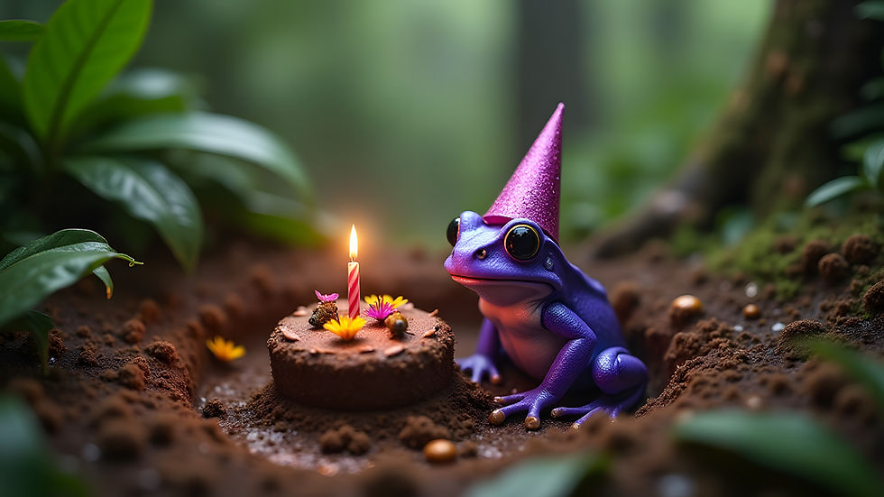 Purple frog wearing a party hat beside a small birthday cake with a lit candle, celebrating Purple Frog Signs Ltd’s third birthday in a woodland setting.