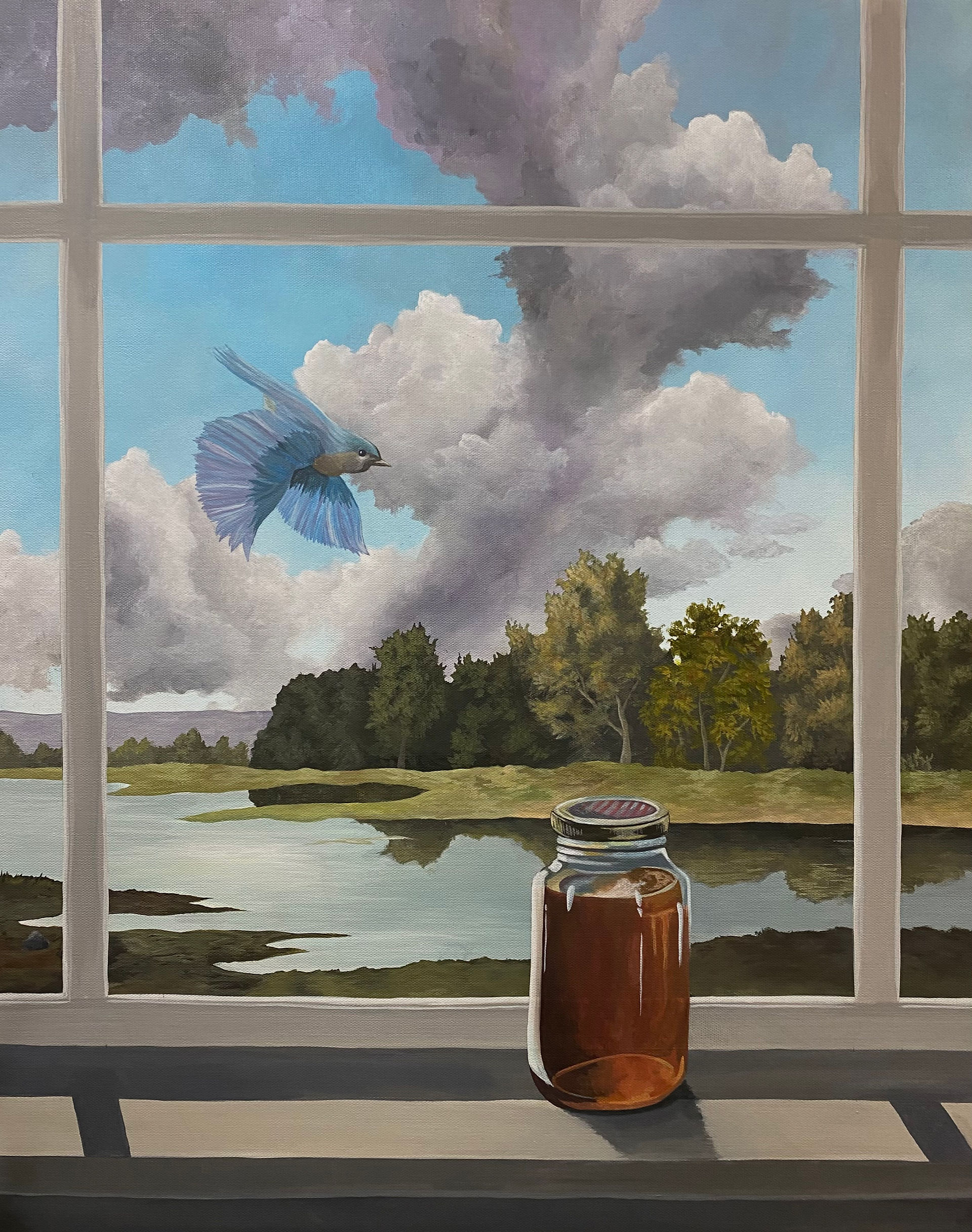 Daylight, by Abby Lee. Painting of a blue bird flying against a dramatic background of clouds and a lake, as seen through a window with a honey jar on the window sill.