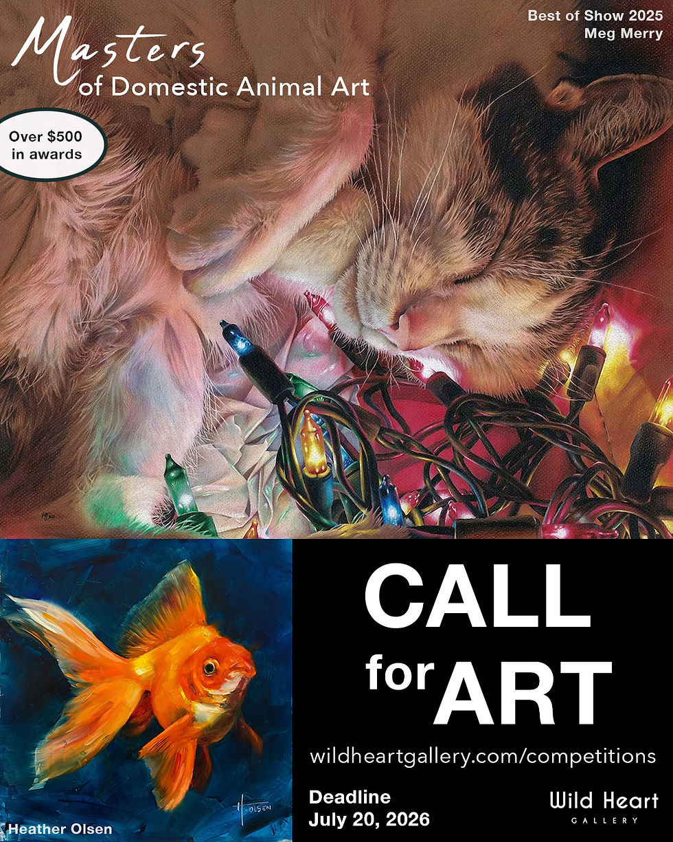 Informational flyer for Masters of Domestic Wildlife Art, featuring hyperrealistic cat art by Meg Merry and expressive goldfish painting by Heather Olsen