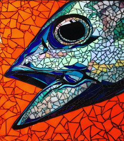 Travis Soto, Caught, mosaic of a fish's head on orange-red