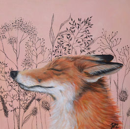 Yuliia Naumenko, artwork of a smug fox with line-drawn flowers behind it