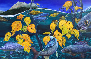 Linn G. Baker, surreal painting of fishe leaves and a mountain