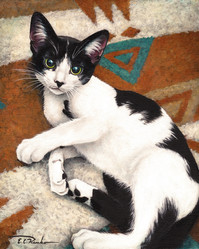 Hopper, by E. C. Kanko, is a realistic painting of a black and white cat on a Navajo rug with a composition nicely based in geometry
