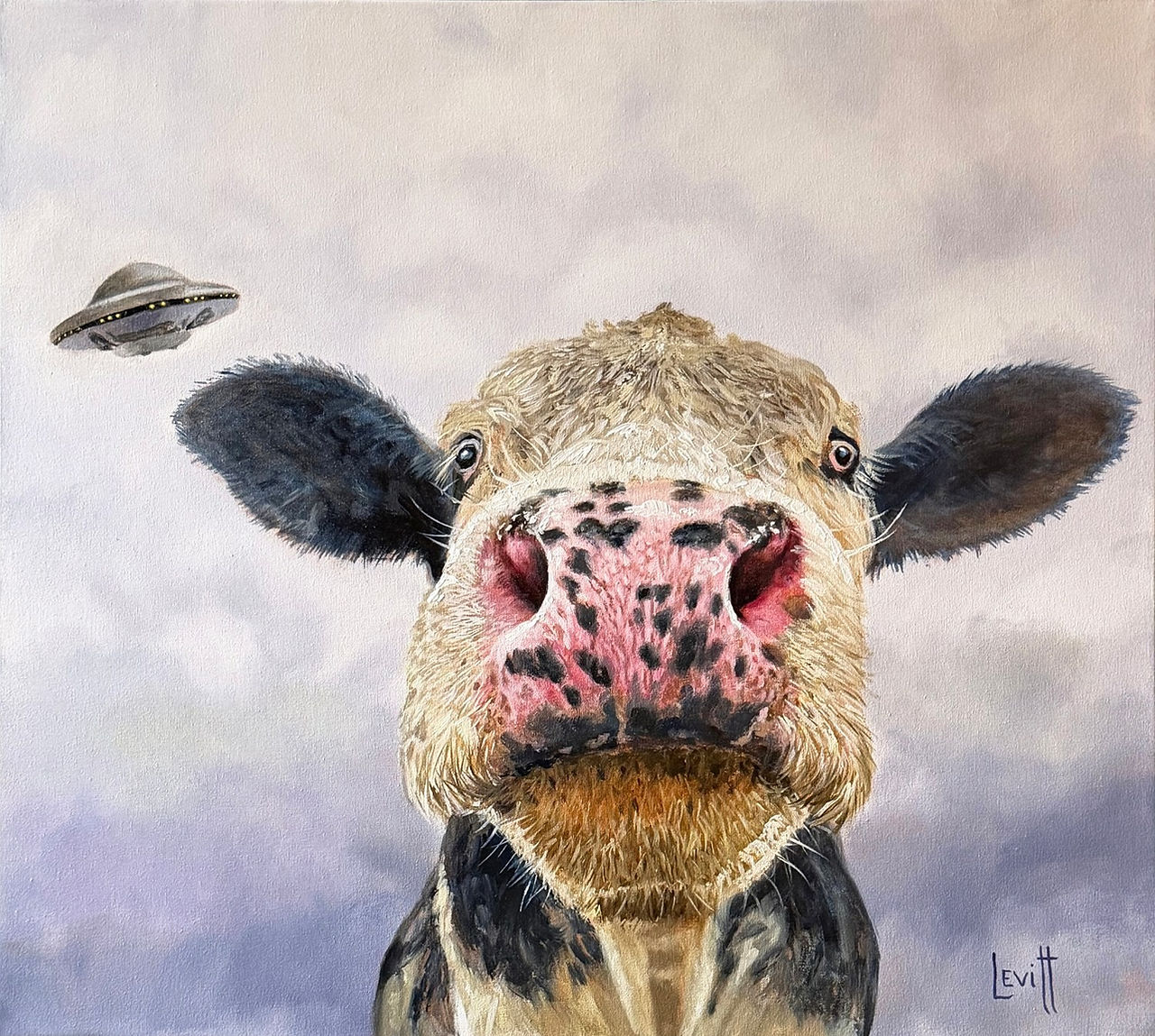 Udder Terror, by Barney Levitt, is a humorous artwork of a cow and UFO