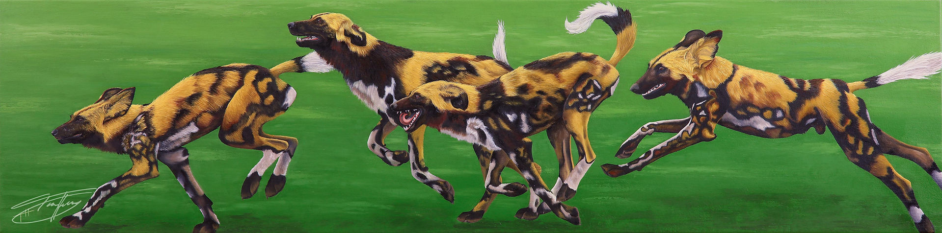 The Rally, by Torie Hilley, painting of African wild dogs running