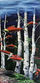 Linn G. Baker, painting of fish and trees in Surrealist genre