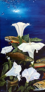Linn G. Baker, surreal painting of fish and trumpet flowers