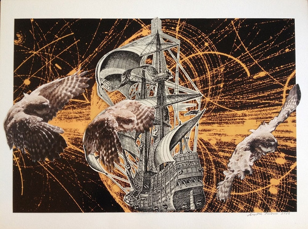 Hegel's Owl of Minerva Who Flies Only At Dusk I, by Andre Rubin, collage of owls in flight