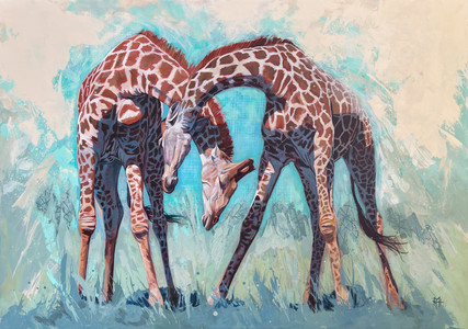 A Measure of Strength, by Martli Heyns, is a contemporary wildlife painting of two giraffes knocking heads