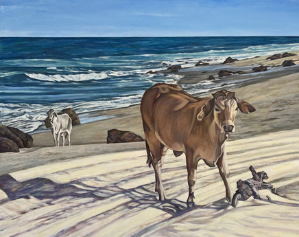 Vacas de la Playa, by Anne Welch, is a painting of an emotional cow at the beach
