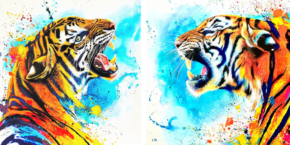 Tracey Pinnington Fine Art, Double Trouble, painting dyptich of two tigers