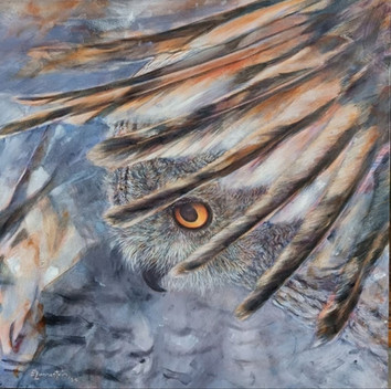 The Hunter, by Ester Zonnestein, owl looking forward through its wings while flying