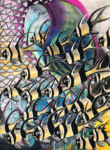 Mirage of Momentum, by Joha Bisone. Painting of a school of yellow and black fish against a patterned background.