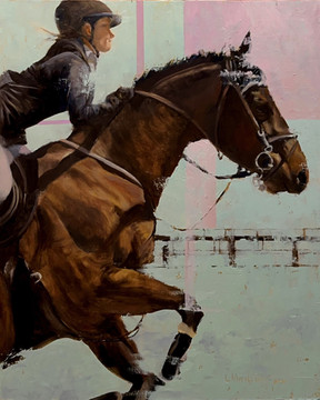 The Jump, by Leah Wiedemer, contemporary painting of a horse and rider