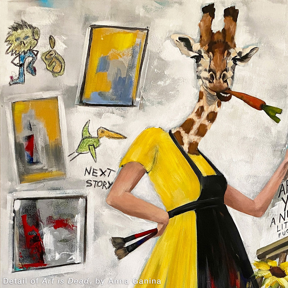 Art is Dead, by Anna Ganina. Painting of a giraffe-headed artist in a yellow dress and apron being extremely sassy.