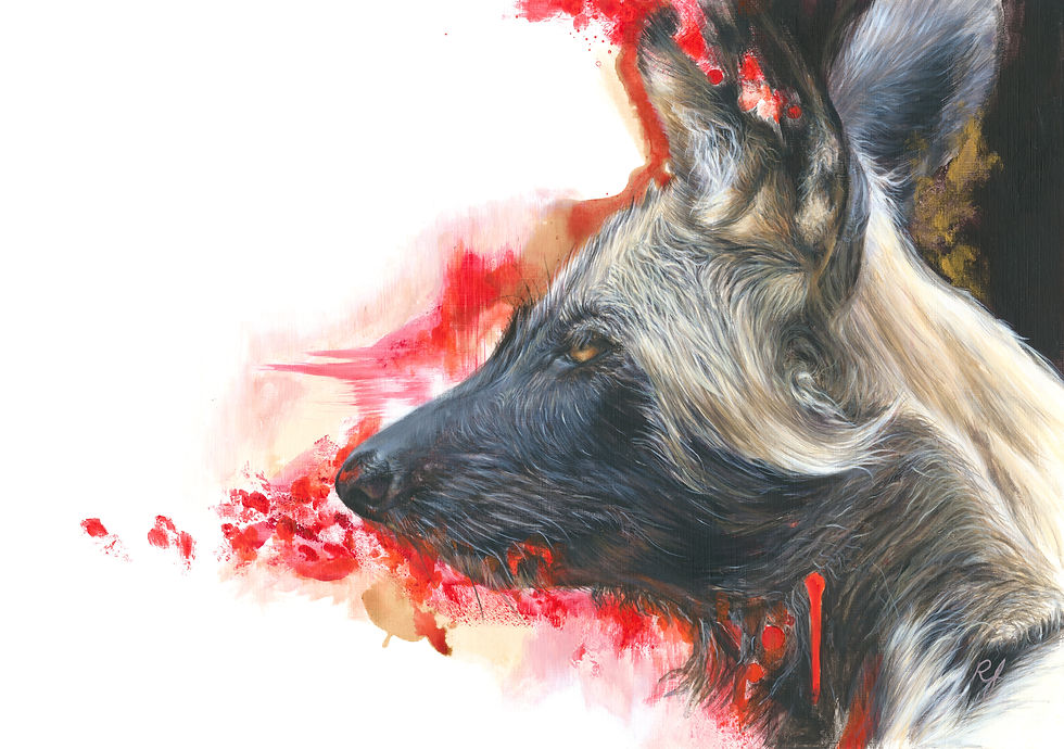 Underdog, by Rebecca Findlay. Portrait in profile of an African painted dog as hunter and hunted, as shown by the evocative red paint leading from the animal's muzzle, eyes, and ears.