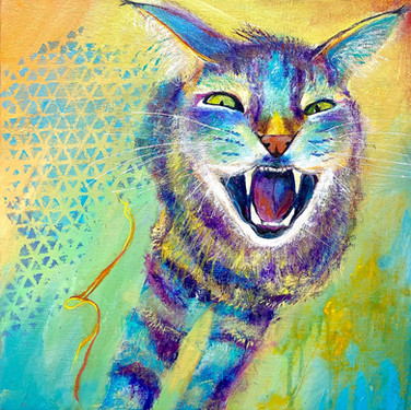 Paula Bellacera, Cattitude. This cat is truly friendly, but I caught him in a yawn. I first named this attitude, but now the painting is called Cattitude. Much better, don't you think?