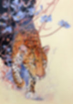Leopard of Dreams, by Martli Heyns, features a leopard emerging from darkness through painterly cornflower-blue flowers