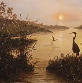 Francisco Arias, Misty Morning, serene landscape painting of shorebirds