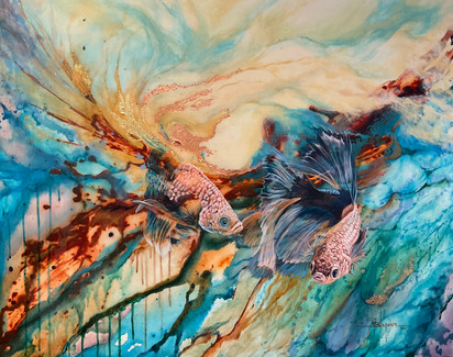 Johanne Blaquiere, abstract painting of fish, very fluid and beautiful