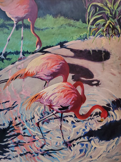 Sheila Lamberson, contemporary abstract painting of flamingos