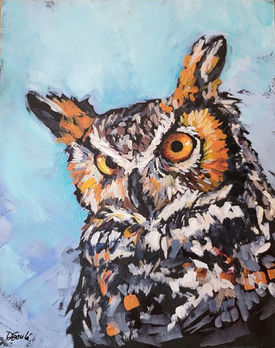 Debora Soule, emotional owl in bright pastel colors and strong neutrals