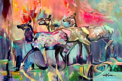The Tie that Binds, by Nichole Kluth, abstract painting of deer with happy colors