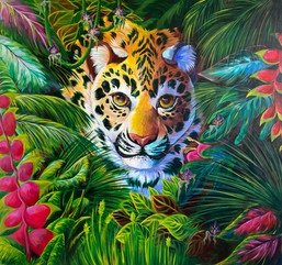 Hunter/Hunted by Leo Lizarraga. Bold painting of a jungle cat. Large scale.
