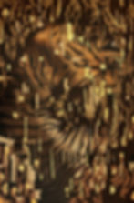 Elegance in Ruin, by Sushma Yadav, a painting wherein a tiger lies in ruins, its body partially obscured by the debris.