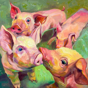 Paulina Holstein, Snout to Snout, painting of pigs against a vibrant green background