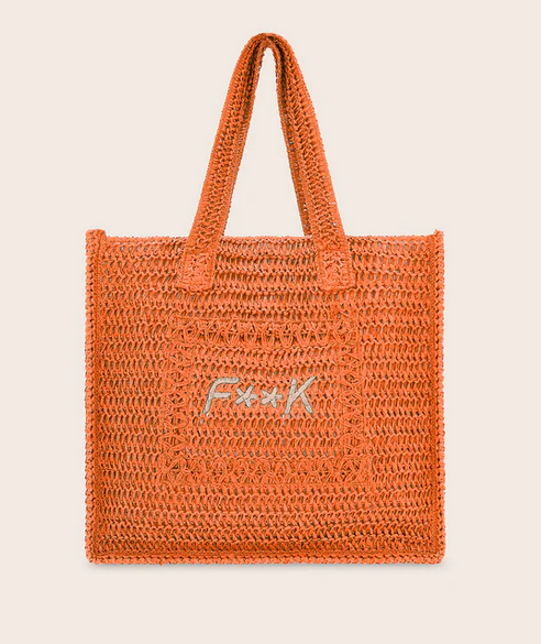 F**k - Borsa Mare Paglia Squadrata Scritta Ricamo - Arancio