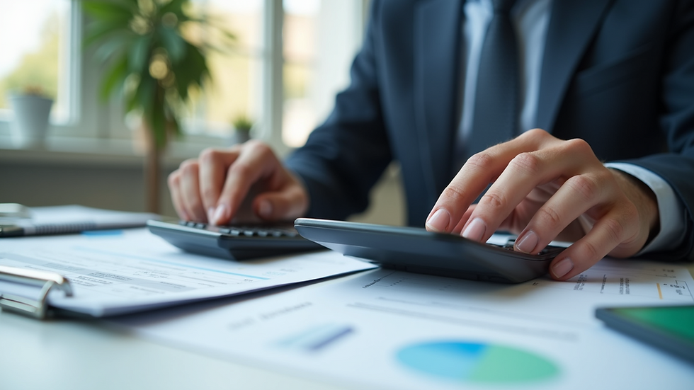 Close-up view of a person calculating taxes with a calculator and documents