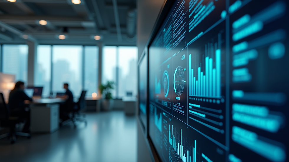 Eye-level view of a modern office with AI-powered data dashboards