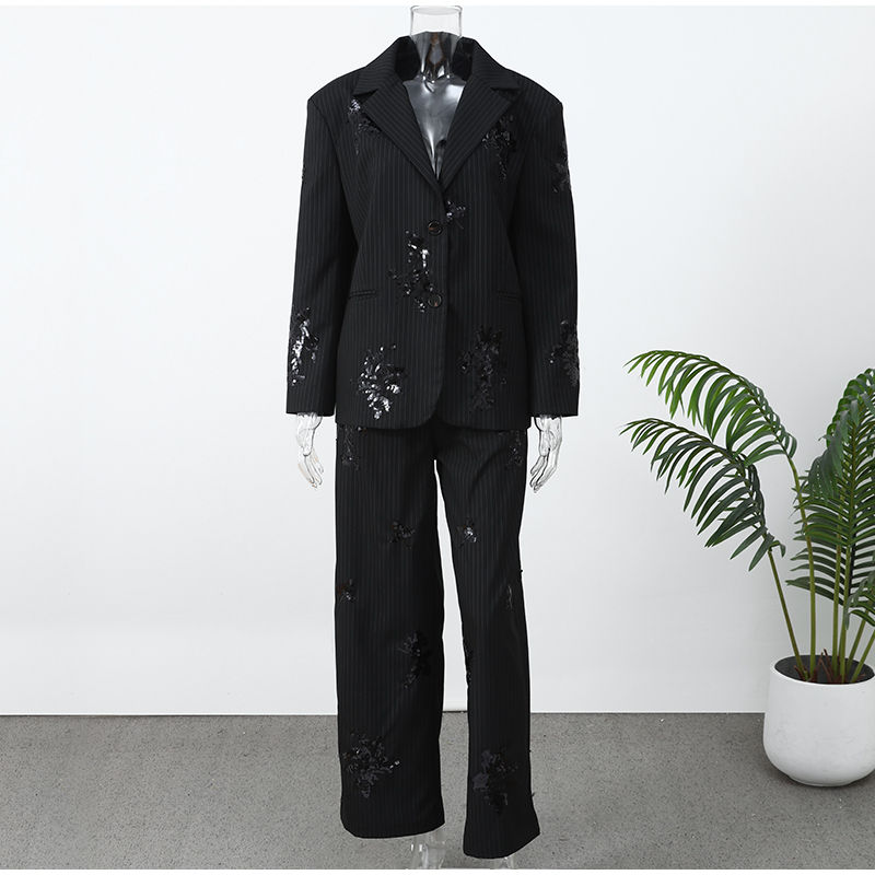 Thumbnail: Black Sequin Embroidery Blazer 2 Piece Set Women Full Sleeve Lapel V-neck Loose 