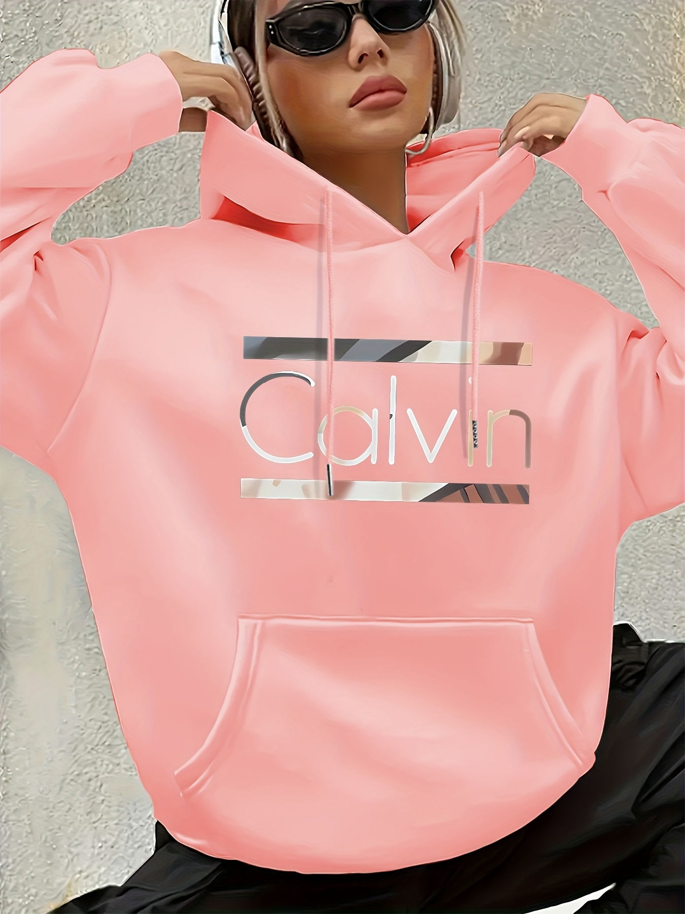 Women'S Vintage Inspired Calvin Letter Print Hoodie Long Sleeve Kangaroo Pocket