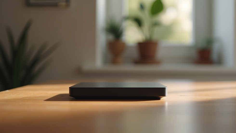 Eye-level view of a sleek smart home device on a wooden table