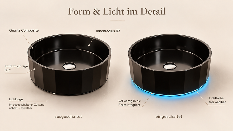 Schwarzes Illumstone Becken mit unsichtbarer Lichtfuge im ausgeschalteten und blauer Beleuchtung im eingeschalteten Zustand