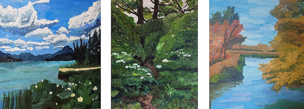 (좌측부터) 통일의 기도, 90.0*65.1, Oil on Canvas  /  오르막 산길, 60.6×72.2, Oil on Canvas  /  어느 가을에 일본 금각사에서, 60.6*72.2, Oil on Canvas