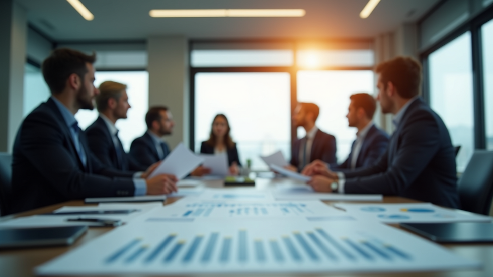 Close-up view of a conference room with strategy consultants discussing charts