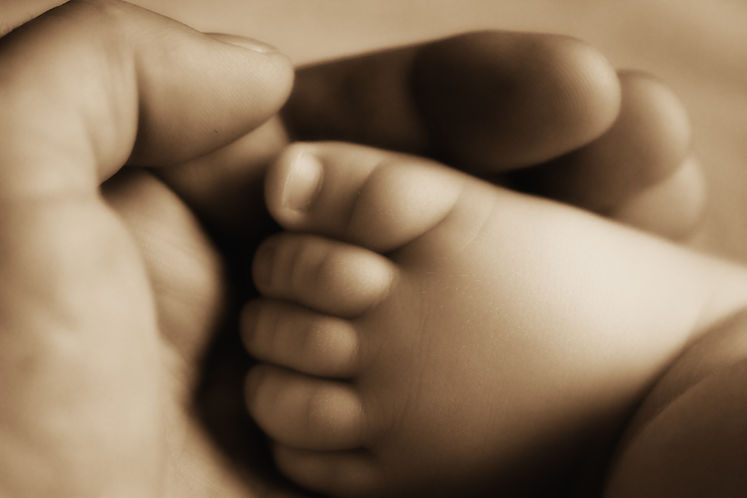 Zwei weiche Babyfüsse liegen geborgen in den Händen eines Erwachsenen,eine Nahaufnahme in freundlichen Tönen