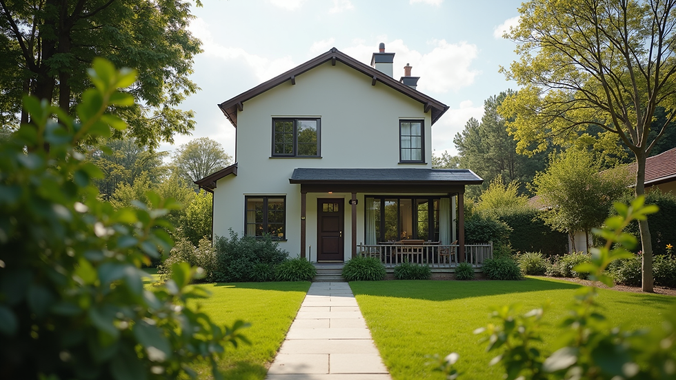 Eye-level view of a modern suburban house with a well-maintained garden