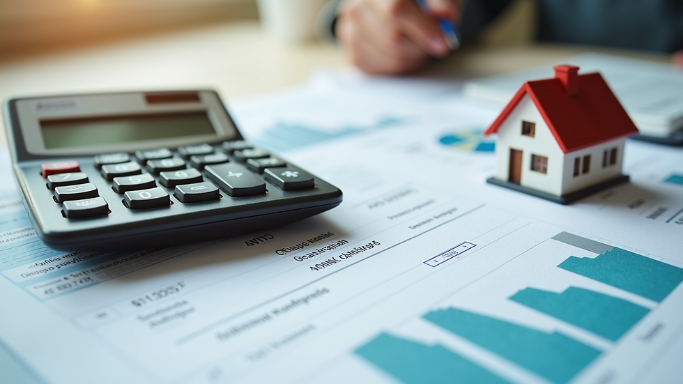 High angle view of a calculator and house model on a financial document
