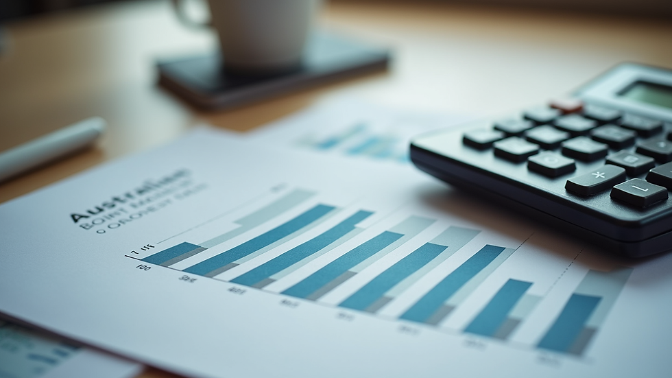 Close-up view of a calculator and Australian property market report on a desk