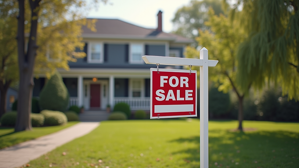 Close-up view of a 'For Sale' sign in front of a property