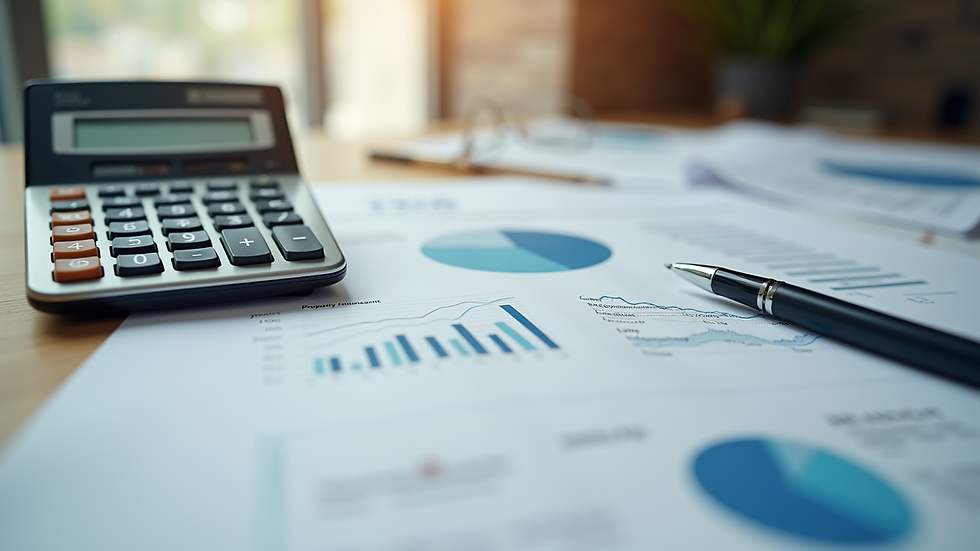 Close-up view of a calculator and property investment documents on a desk