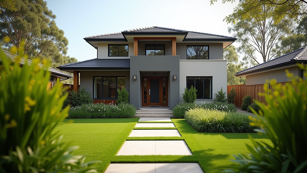 Eye-level view of a modern Australian suburban house with a well-maintained garden